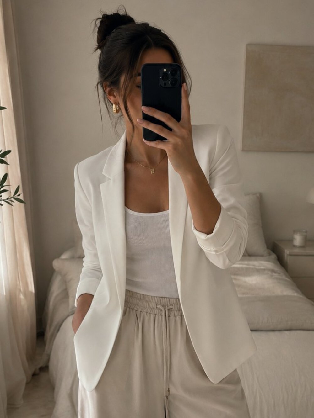 H&M White Ruched Sleeve Open Front Blazer